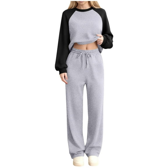 ShomPort Outfits for Womens Crewneck Raglan Sleeve Sweatshirt Drawstring Elastic Waist Sweatpants Outdoor Trendy Sports Set