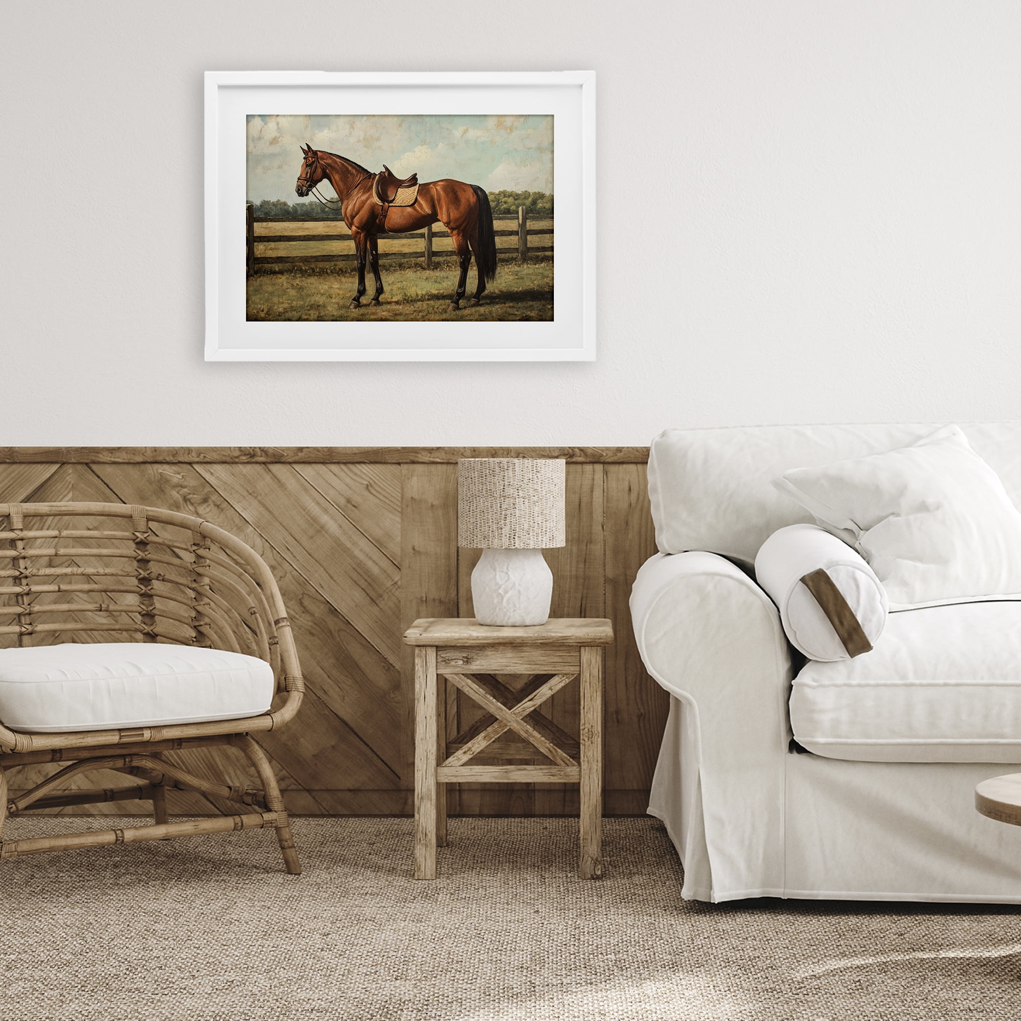 Stupell Industries Chocolate Stag Saddled in Pasture White Framed Print Under Glass, design by Petal Prints Design