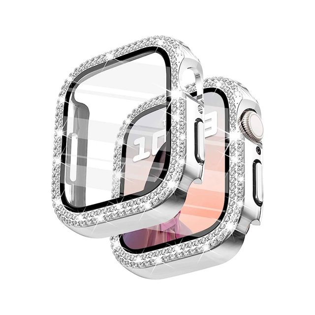 1pc Fashionable Gorgeous Double Rhinestone Pc Protection Case, Compatible With Apple Watch 38mm 40mm 41mm 42mm 44mm 45mm 49mm,Compatible With Apple Watch Series 1-9 & Se, With Tempered Glass Screen Pr