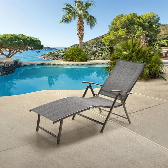 Pellebant Aluminum Patio Chaise Lounge Chair, Adjustable Chair for Outside with 8 Backrest Positions, Brown Frame, Folding Outdoor Recliners All Weather for Beach, Pool and Yard, Black&Grey