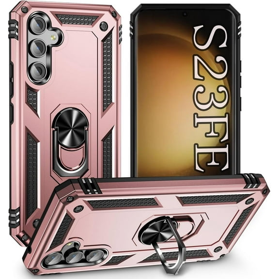 Designed for 23FE Case for Samsung S23 FE Case,with 360° Rotate Magnetic Ring Stand Heavy Duty Protective Cover for Galaxy S23 FE Case-Rose-Gold