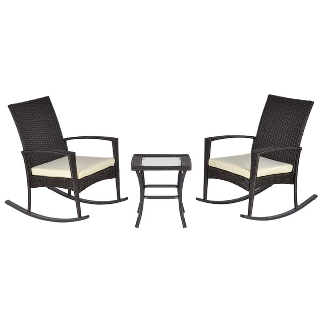 3-Piece Dark Grey Wicker Rocking Chair Set with Table - Outdoor Patio Bistro Seating for Deck, Backyard & Poolside Relaxation - Durable PE Rattan Furniture