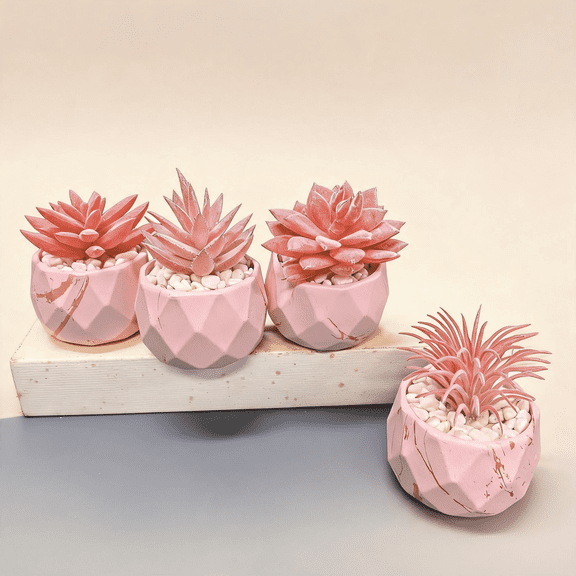 4 Pcs Pink Artificial Succulents Plants Set Cute Vanity Decor Ceramic Potted Mini Fake Plants for Desk Bathroom (2.16" x 2.16")