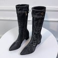 thumbnail image 6 of Leozcaa Women Denim Knee High Boots Pointy Toe Chunky Stacked Heel Retro Breathable Fashion Cowgirl Boot, 6 of 7