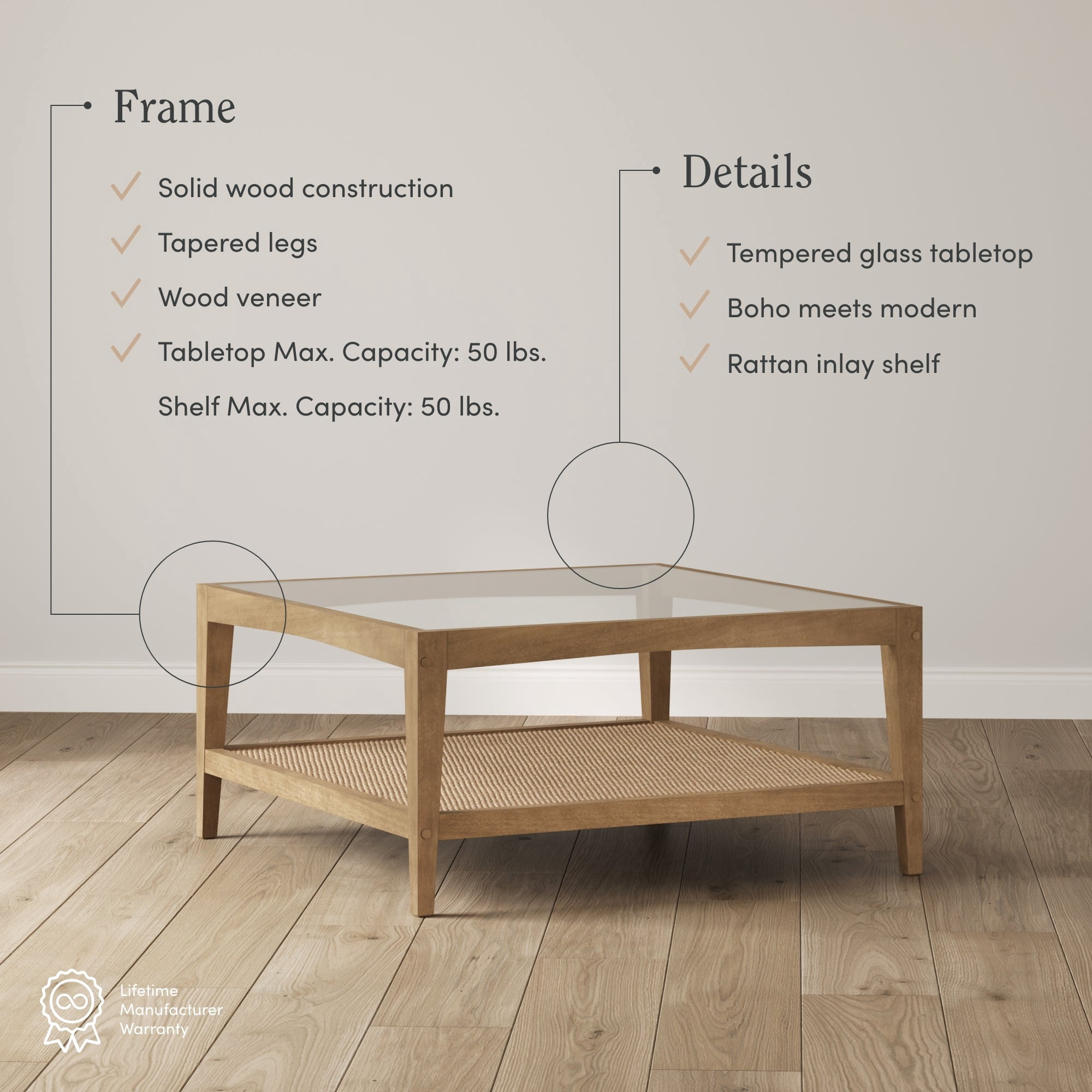 Nathan James Hayes Glass Top Coffee Table, Solid Wood Coffee Table with Glass Top and Rattan Bottom Shelf, Light Brown