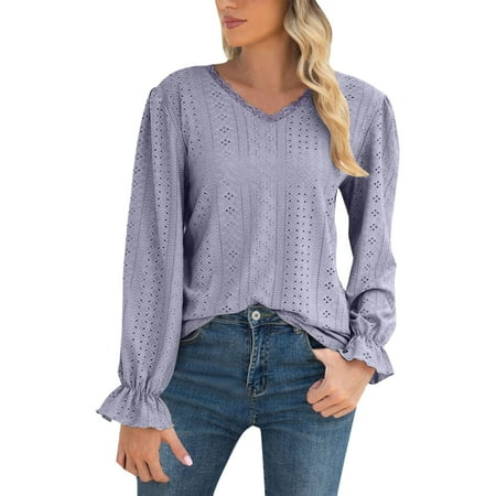 

HSMQHJWE Floral Shirts For Women Casual T Shirt Top Women Fashion Solid Color Long Sleeve V Neck Hollow Lace Loose Top T Shirt Polyester Christmas Pajamas