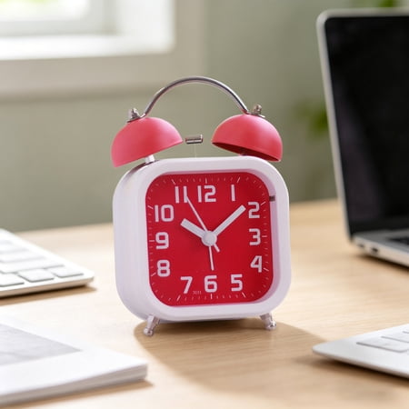 Red Twin Bell Alarm Clock with Night Light, Silent Sweep Movement Battery Operated Table Clock