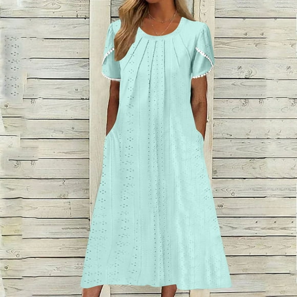 Meichang Eyelet Dresses for Women Summer Crew Neck Pleated Short Sleeve Dresses Solid Color Flowy Midi Dresses Loose Fit Casual Beach Dresses with Pockets Light Blue XL