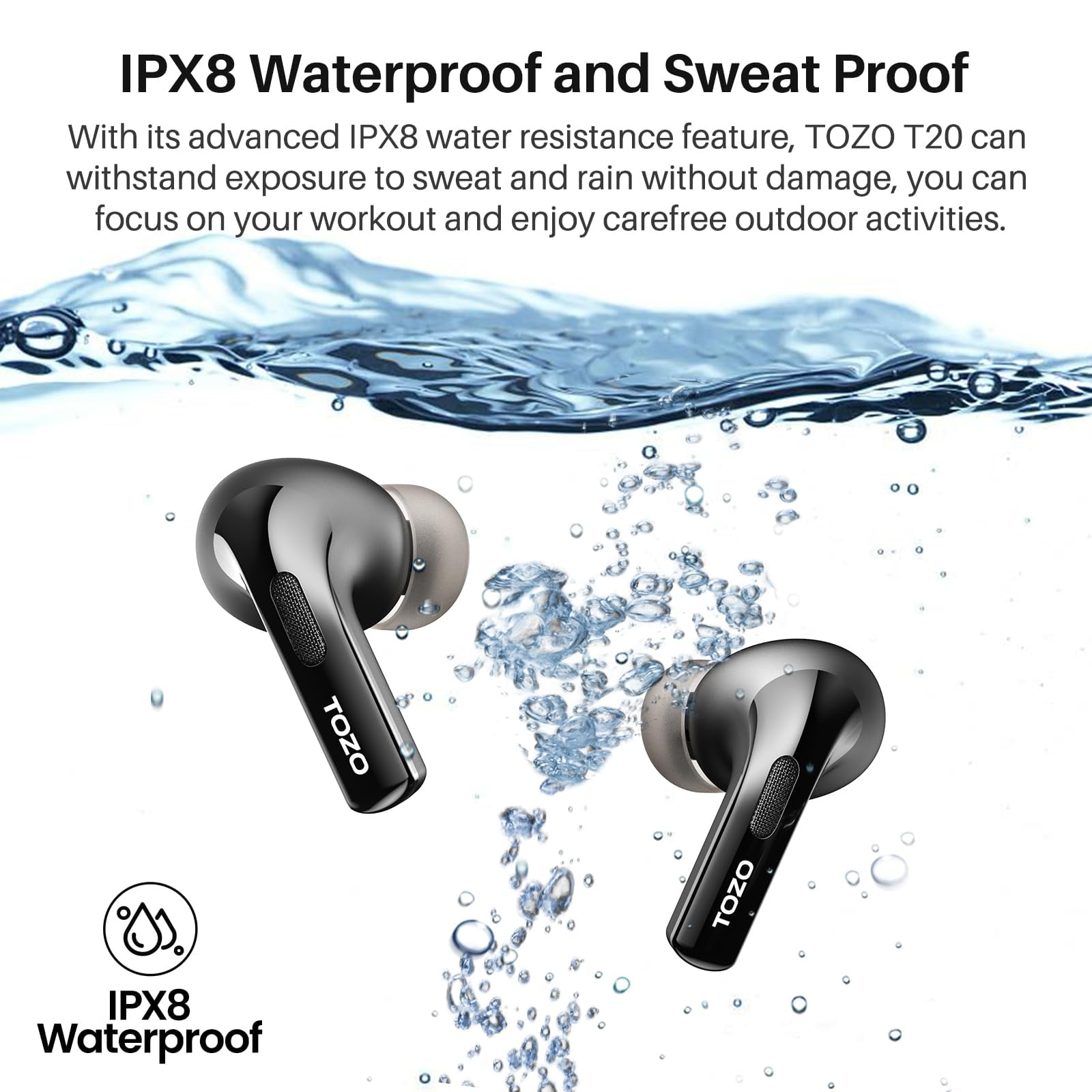 TOZO T20 ANC Bluetooth Wireless Earbuds, 49H Playtime, HiFi Stereo, IPX8 Waterproof, Wireless Charging, Black