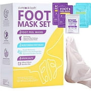 Foot Mask (4 Pairs)-Puresoak Bath Foot Peel Mask (2 Pairs) Moisturizing Foot Mask (2 Pairs) with 1Pack Epsom Salt for Foot Spa Bath Kit | Lavender Bliss Foot Peel Mask Lemongrass & Aloe Moisturizing M