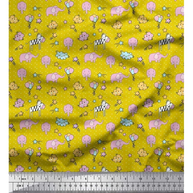 Soimoi Poly Georgette Fabric Cloud,Star & Cute Elephant Kids Printed Fabric 1 Yard 42 Inch Wide