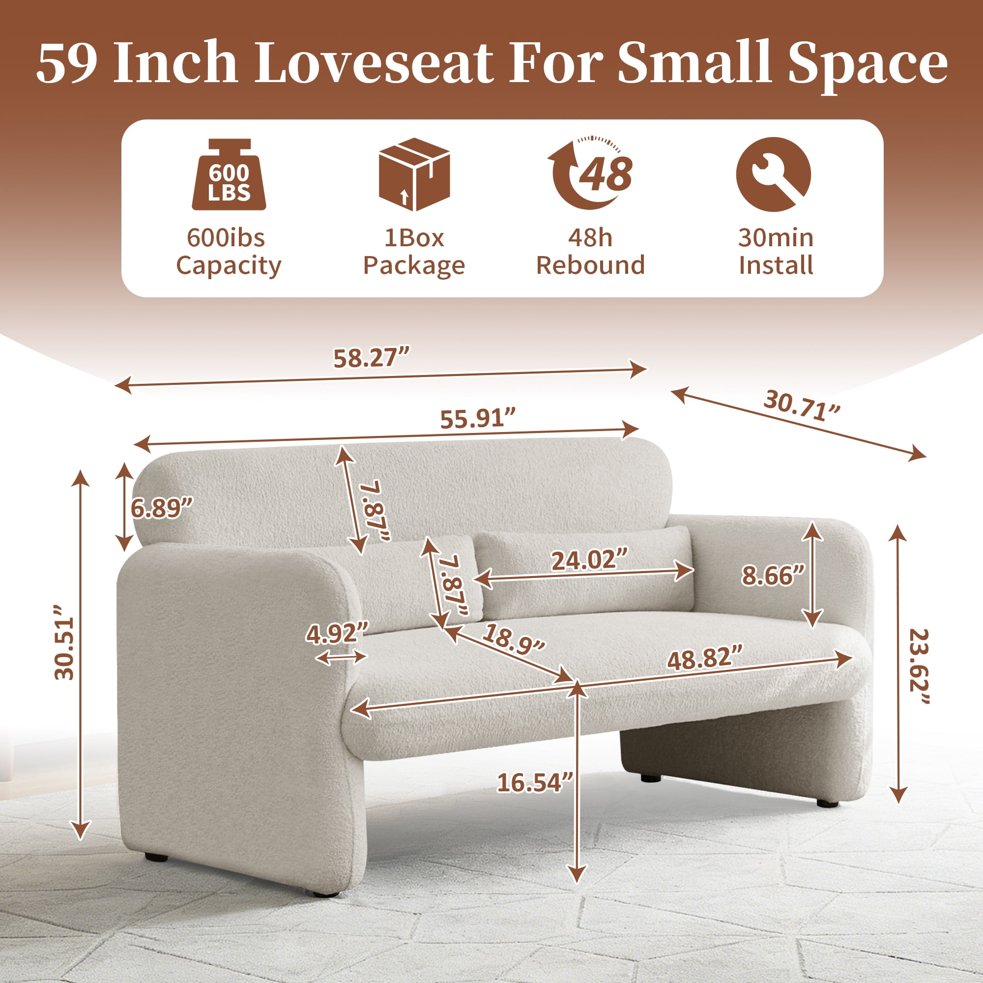 Youdao 59" Small Loveseat Sofa, Modern Sherpa Mini Sofa Couch, Lambswool 2-Seater Fluffy Love Seat, Teddy Fabric Upholstered Compact sofa with 2 Throw Pillows for Apartment Office Small Space, Beige