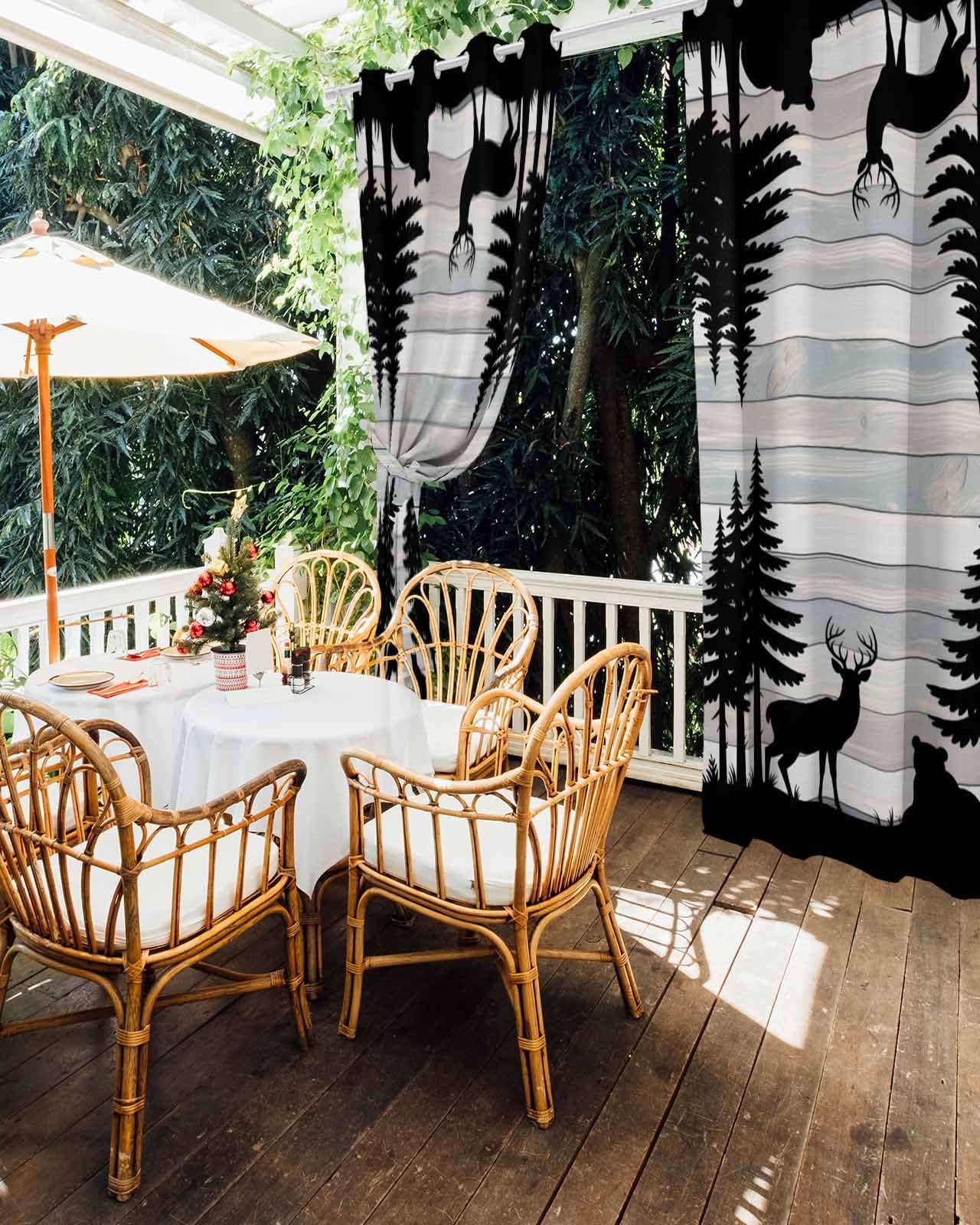 Forest Bear Outdoor Curtains for Patio, Silhouette Elk Stripes Tree Wood Grain Privacy Drapes Grommet Waterproof Outside Curtains for Porch/Cabana/Balcony 54"x 108", 2 Panel