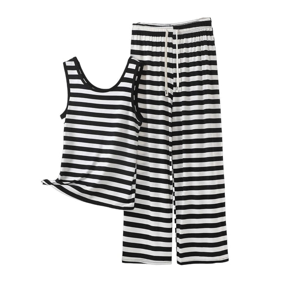 2 Piece Outfits Summer,Womens Two Piece Striped Set Sleeveless Round Neck Top and Wide Leg Pants Matching Sets
