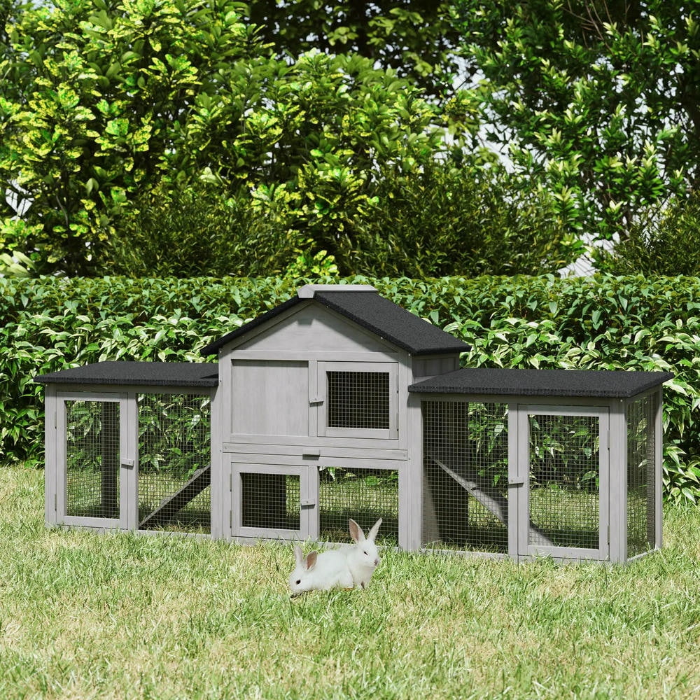 YYAo Rabbit Coop, Outdoor Rabbit House,83" 2 Story Deluxe XL Wooden Rabbit Hutch Big Bunny Cage w/ Ladder and Run, Gray