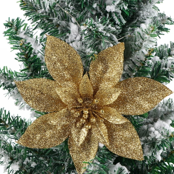 TEHAUX 9Pcs Golden Christmas Tree Flower Ornament Artificial Xmas Decoration