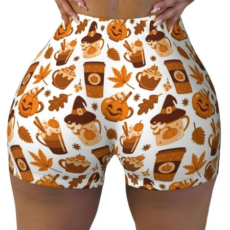 Workout Shorts Women  Pumpkin Witch Hat Coffee Biker Shorts for Women Running Gym Spandex Shorts Tummy Control