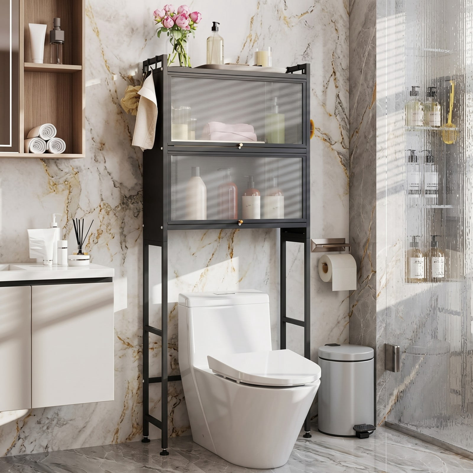 ALPULON Over the Toilet Cabinet Bathroom Organizer with 2 Flip-Up Fluted Door Cabinets and 4 Side Hooks for Storage, Black