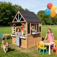 thumbnail image 3 of Classic Outdoor Playhouse Wooden Cottage Versatile with Windows,Reversible Bench,Play Kitchen,Chalkboard,Flower Pot,Birdcage,Pet Door Fun Play Backyard Garden Playground, 3 of 22