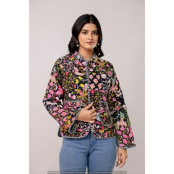 Nitin Textiles Women’s Quilted Waistcoat – Multicolor Floral Embroidery Cotton Jacket, Striped Collar, Patch Pockets
