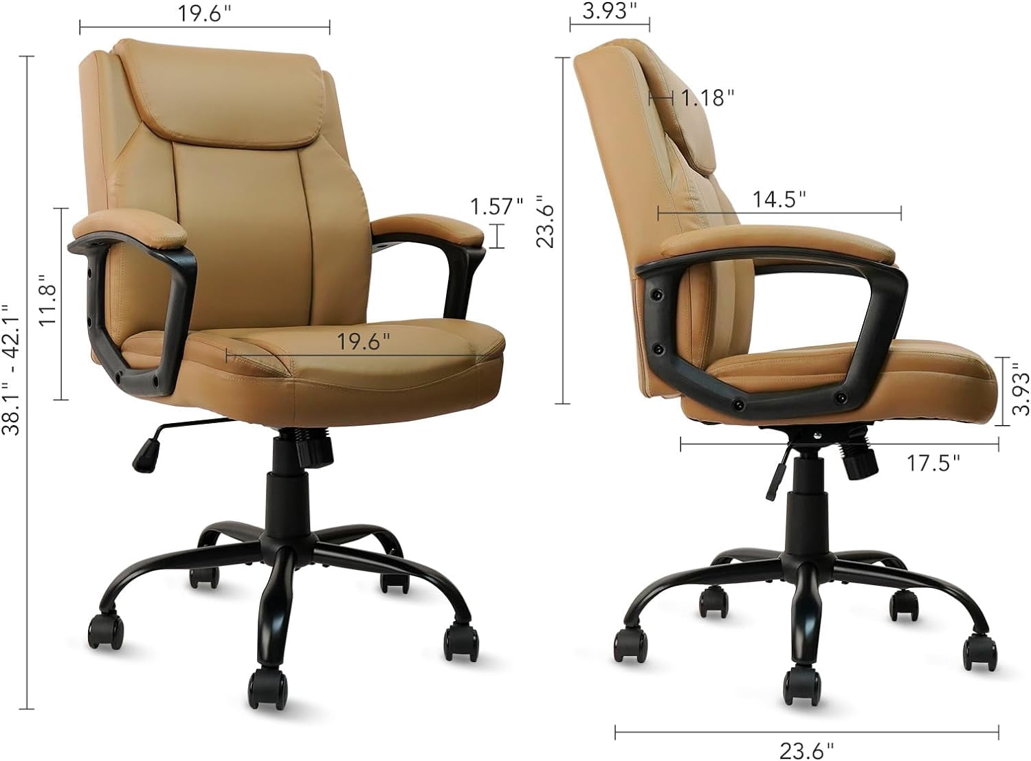 CLATINA Brown Office Chair Computer Chair PU Leather Executive Office Chair Swivel Adjustable Height Chair with Upholstery Fixed armrest Mid-Back Leather Thick Cushion Office Chair Brown 2Pack