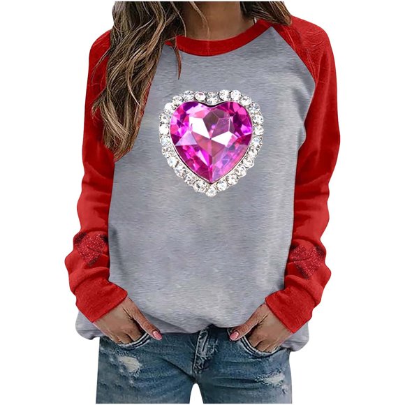 VALMASS Valentine's Day Sweatshirts for Women Raglan Sleeve Graphic Pullover Tops Ladies Crewneck Outdoor Casual Blouses (XL, C Gray)