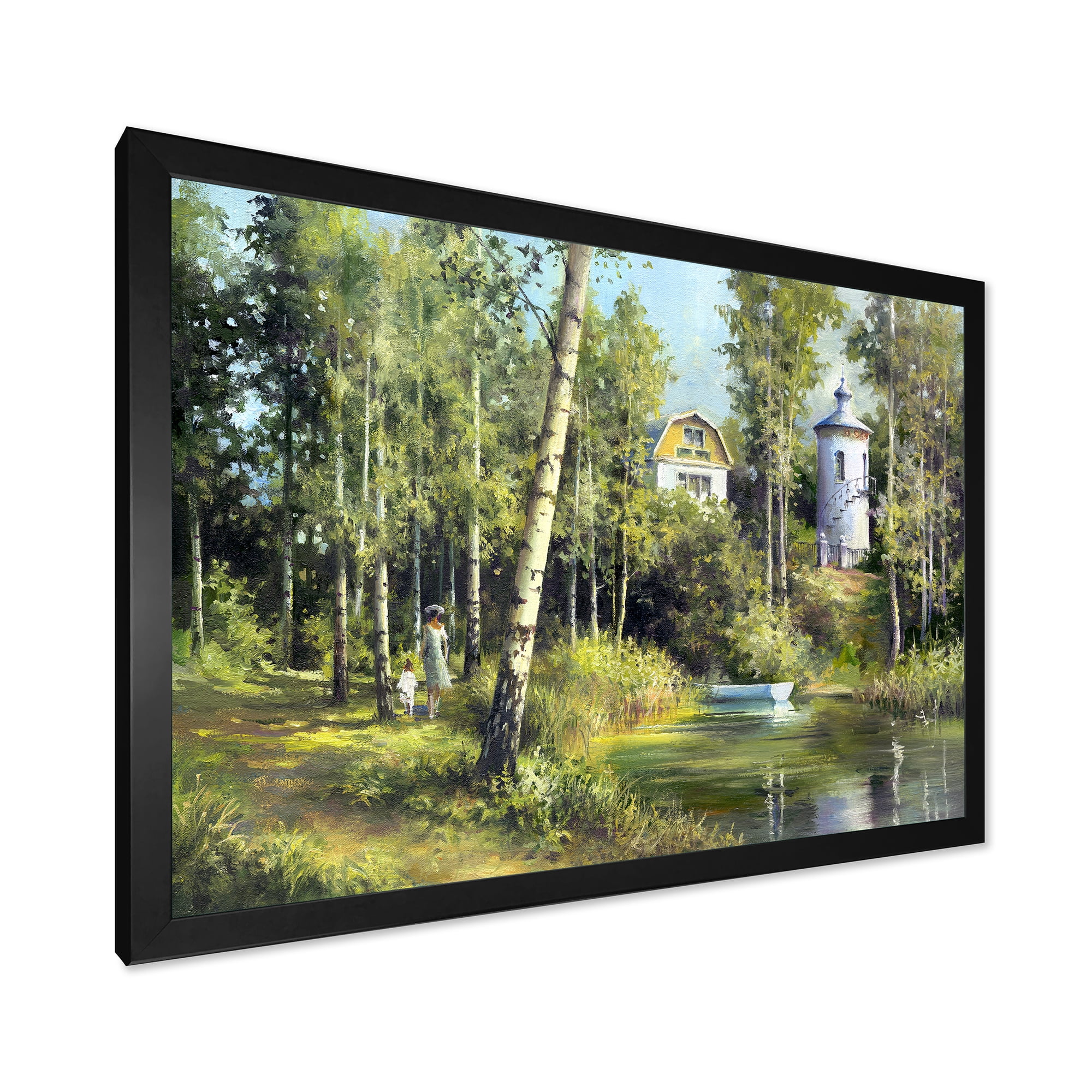 Designart 'The Wood River With Boat On A Decline By The Castle' Lake House Framed Art Print