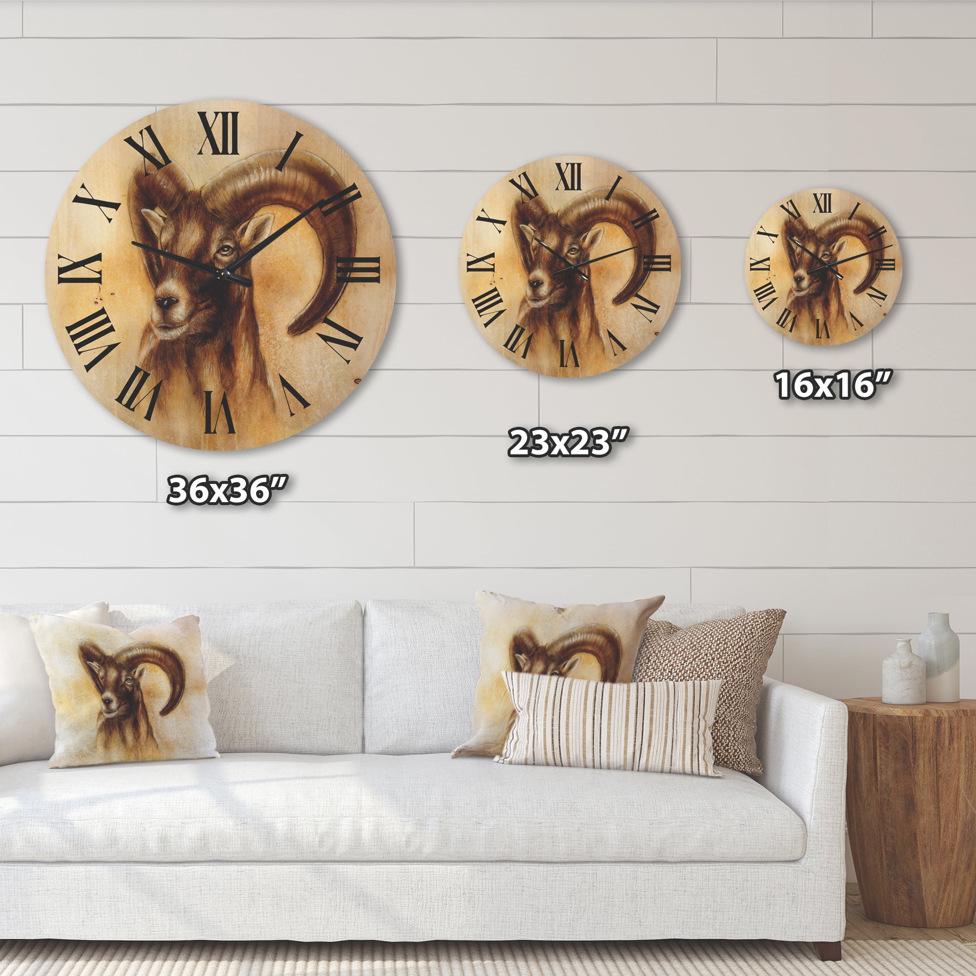 Designart 'Abstract Portrait of Wild Ram With Mighty Horns I' Modern Wood Wall Clock