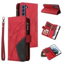 Multifunctional Case for Samsung S23 Plus,Card Slots[RFID Blocking],Durable Flip Folio Kickstand Magnetic Closure Leather Zipper Wallet Wrist Strap Shockproof Case for Samsung Galaxy S23 Plus, Red