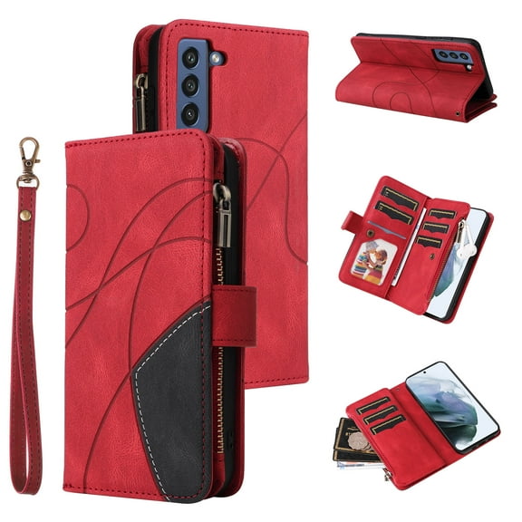 Multifunctional Case for Samsung S23 Plus,[RFID Blocking] 9 Credit Cards Holder with Wrist Strap, Premium PU Leather Zipper Wallet Purse Magnetic Flip Phone Cover for Samsung Galaxy S23 Plus, Red