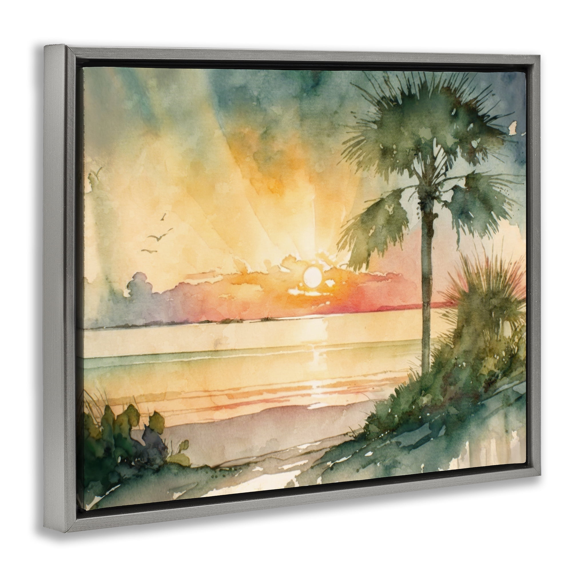 Stupell Industries Sunrise Through Palms Landscape & Nature Painting Gray Floater Framed Canvas Art Print Wall Art, 31 x 25