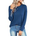 thumbnail image 2 of VISgogo - Camiseta holgada informal para mujer, color sólido, cuello redondo, manga larga, puños recortados con botones VISgogo moda, 2 of 9