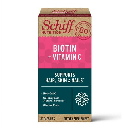 (2 pack) (2 pack) Schiff Biotin + Vitamin C Capsules (30 count), Gluten-Free & Non-GMO Supplement That Supports Hair, Skin & Nails and Natural Collagen Production٭