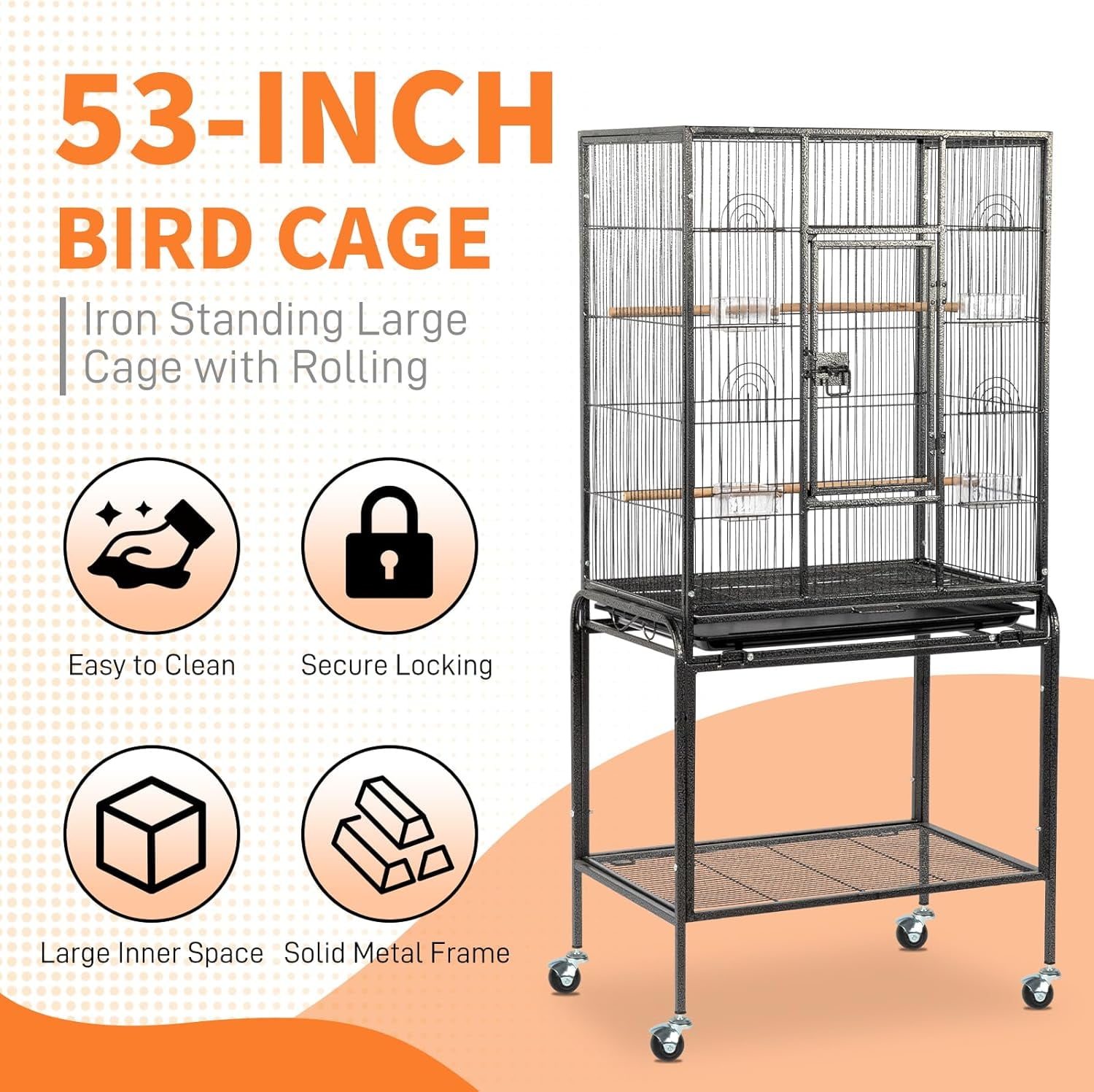 53-inch Bird Cage with Wheels, Durable Wrought Iron Parakeet Cage with Slide Out Tray, Black Bird Cages for Parakeets/Lovebird/Cockatiels/Budgies and Other Small/Medium Birds (Large-53 inch)