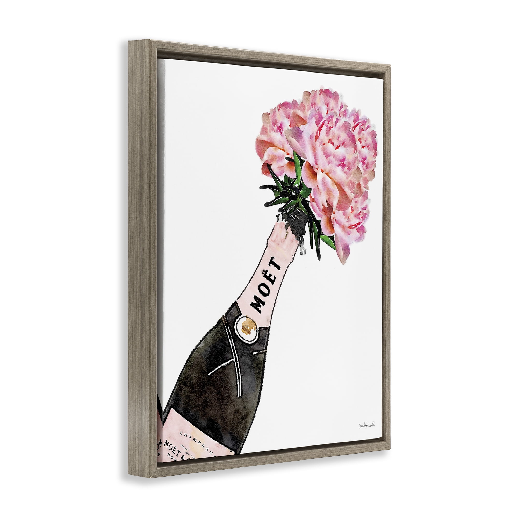 Stupell Industries Pink Champagne Bouquet Botanical & Floral Painting Brown Floater Framed Art Print Wall Art, 25 x 31