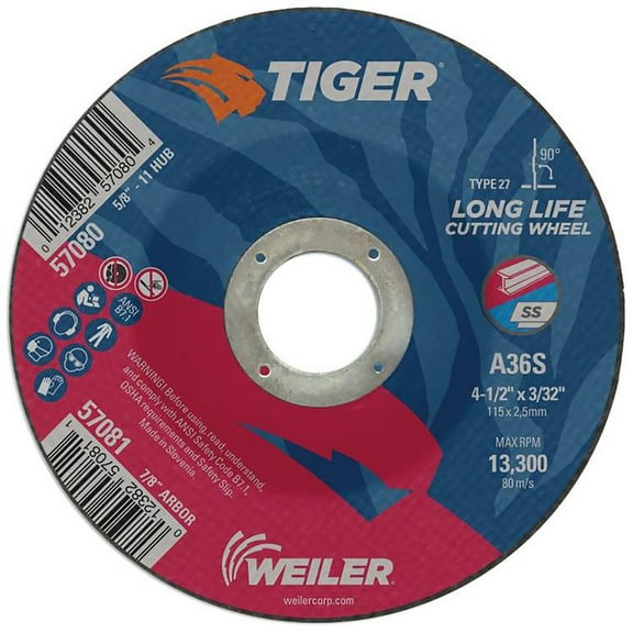 Tiger® AO Cutting Wheel, 4-1/2 in dia x 3/32 in Thick, 7/8 in Arbor, A36S, Type 27 Pack of 25