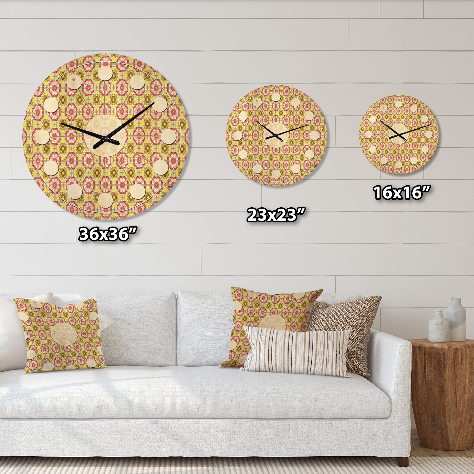 Designart 'Red and Yellow Retro Ethnic Kaleidoscope Design' Mid-Century Modern Wood Wall Clock