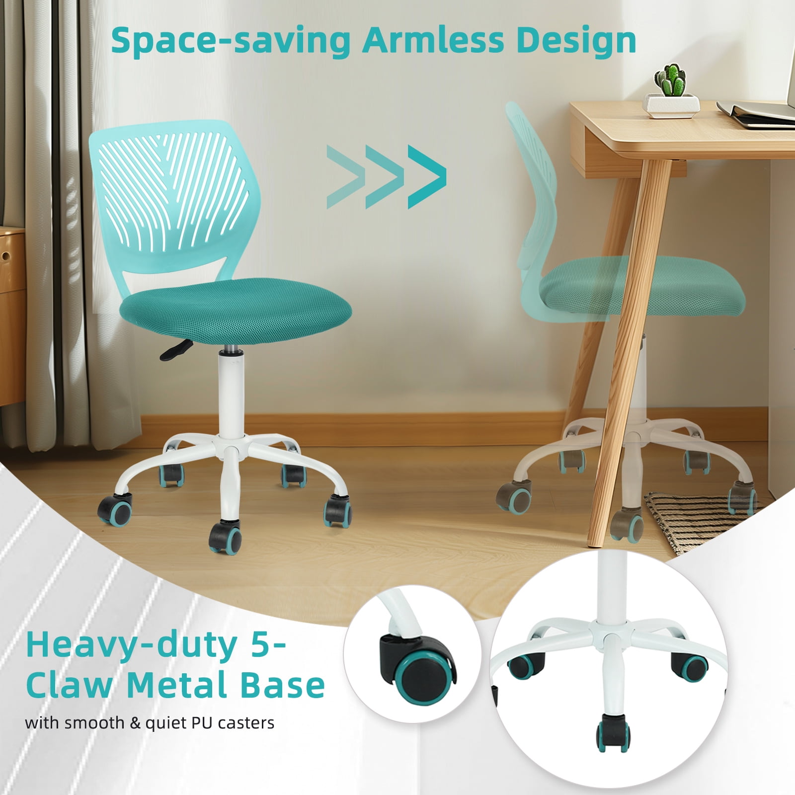 Homy Casa Teens Task Home Office Chair Ergonomic Small Cute Chair, Lumbar Support Breathable Mesh Seat for Student,Turquoise