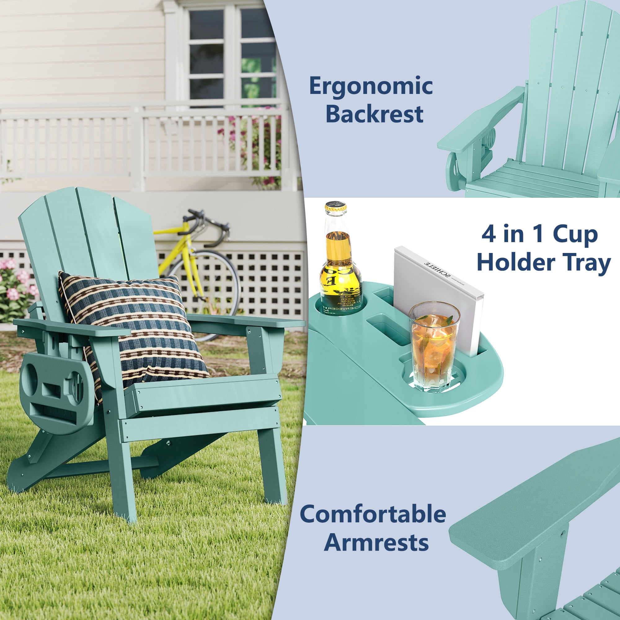 FOOWIN Folding HDPE Adirondack Chairs Set of 6, Aruba Blue