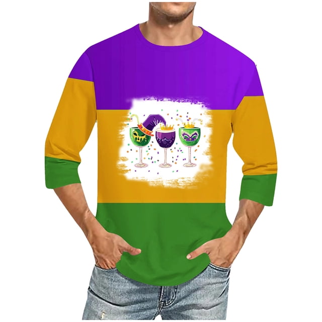 TIMIFIS 3/4 Chemise à Manches Homme Mardi Gras T-Shirt Col Rond Décontracté Ample Imprimés Carnaval Fête Vacances