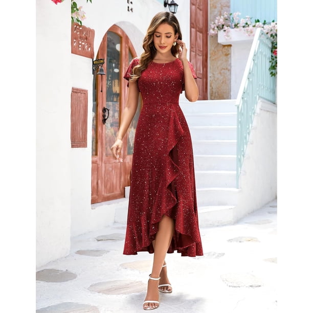 plus size red sequin cocktail dress AURA Women Formal Party Flutter Short Sleeve Wedding Long Evening Dress gender:female a midi length Who made Lindsay Lohan's Sparkly dress Color:Harbor
