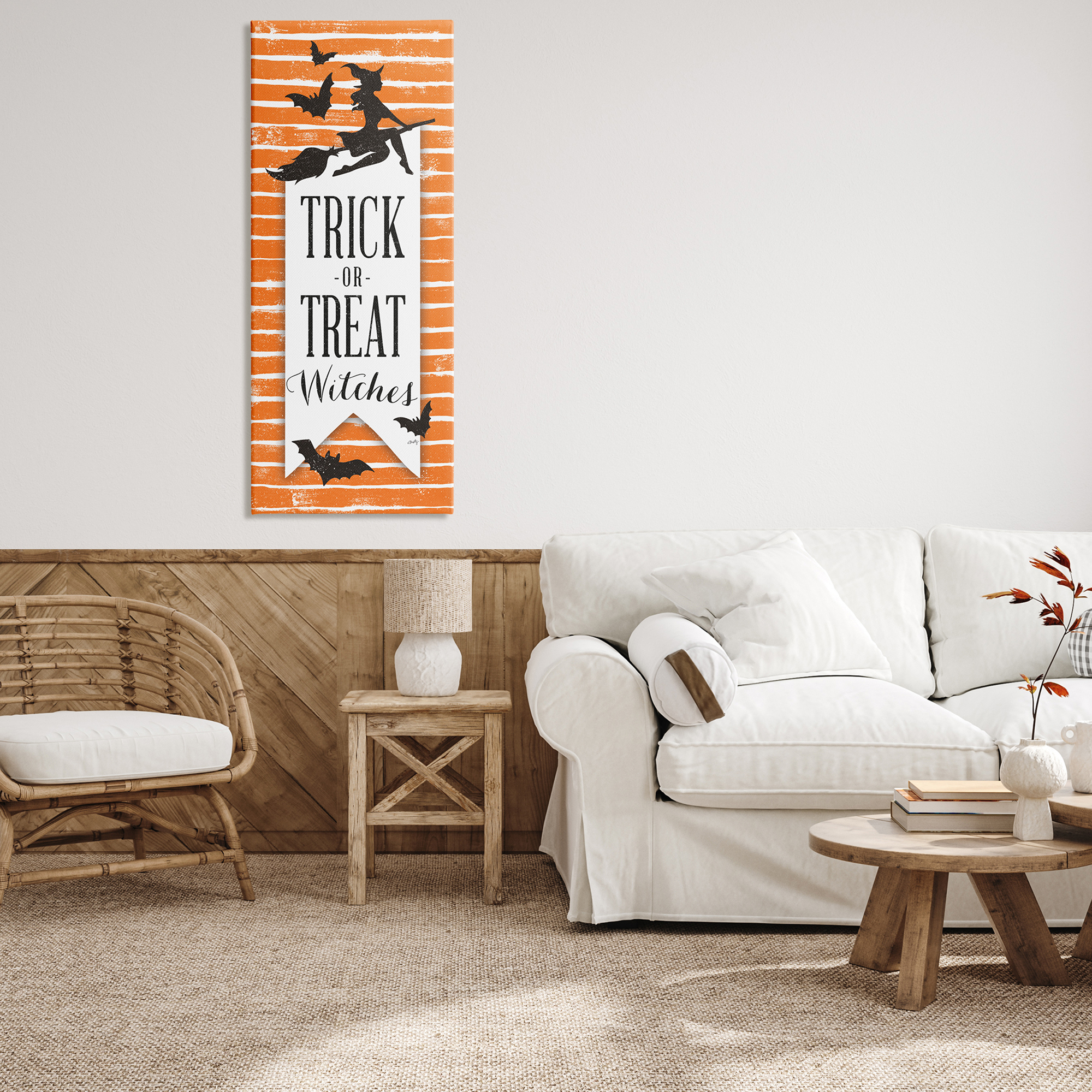 Trick Or Treat Witch Silhouette Orange Stripes Pattern Holiday Graphic Art Gallery-Wrapped Canvas Print Wall Art
