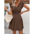 thumbnail image 6 of Coffee Brown Eyelet Lace V-Neck Short Sleeve A-Line Mini Dress, 6 of 6