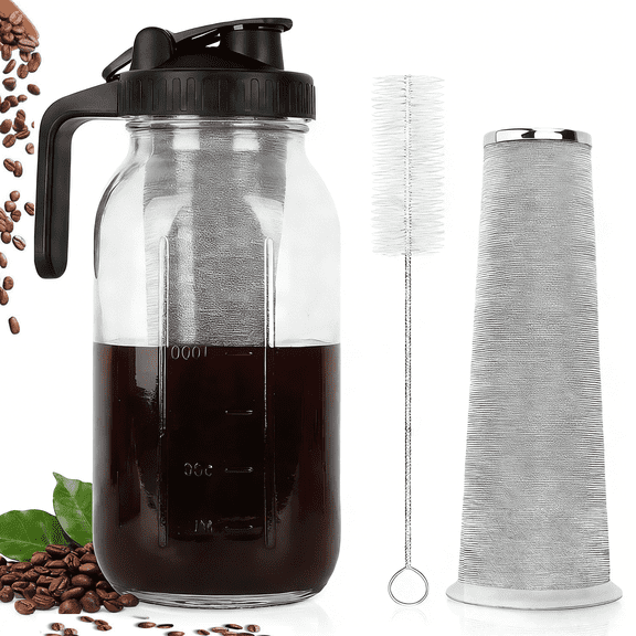 Maker Jar Cold Brew Coffee- 64oz Wide Mouth,LeakProof,Heavy Duty Glass Mason Pitcher with Spout Lid,Handle & Stainless Steel Filter for Iced Coffee,Lemonade,Ice Tea & Fruit Drinks
