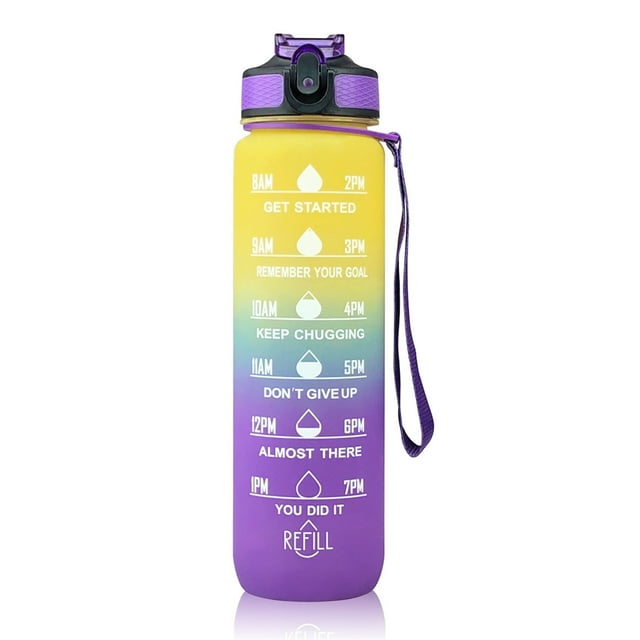 Bouteille d'Eau de Sport à Dégradé Coloré avec Indicateur de Temps - Plastique Sans BPA et Matériau PP, Conception Légère de 7 Oz pour le Camping, la Randonnée, le Cyclisme, la Mise en Forme - Plusieurs Options de Couleur (Jaune-Bleu-Violet,