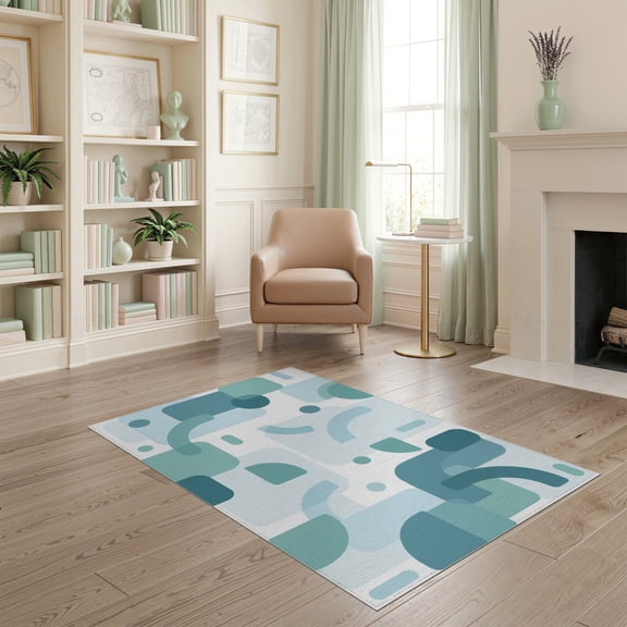 ODIKA 4'x6' Blue Teal Abstract Geometric Rounded Forms Washable Area Rug Modern Overlapping Shapes Minimalist Scandinavian Pet Friendly, Non-Shedding for Bedroom, Reading Nook