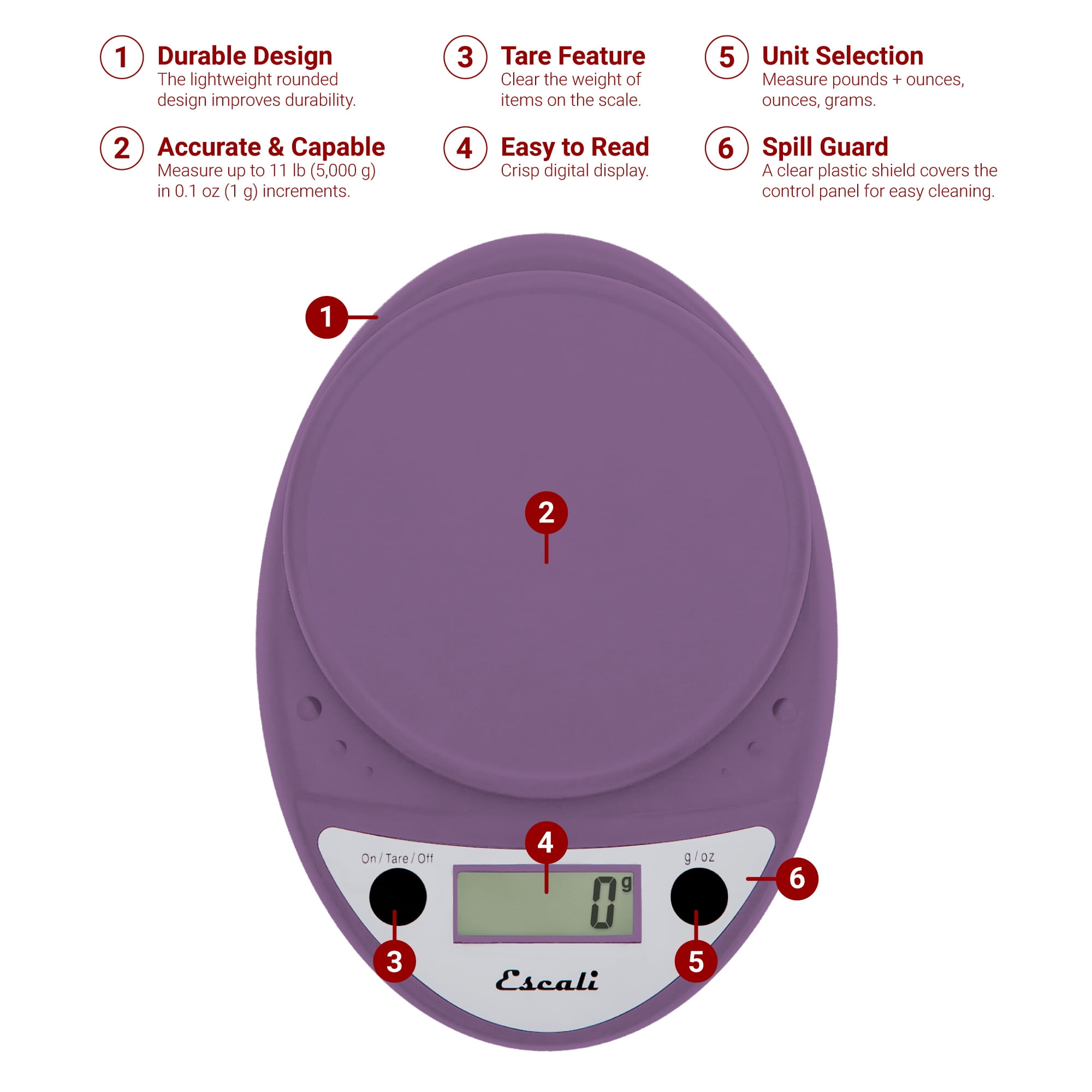 Escali Primo Digital Food Scale Multi-Functional Kitchen Scale and Baking Scale for Precise Weight Measuring and Portion Control, 8.5 x 6 x 1.5 inches, Lavender
