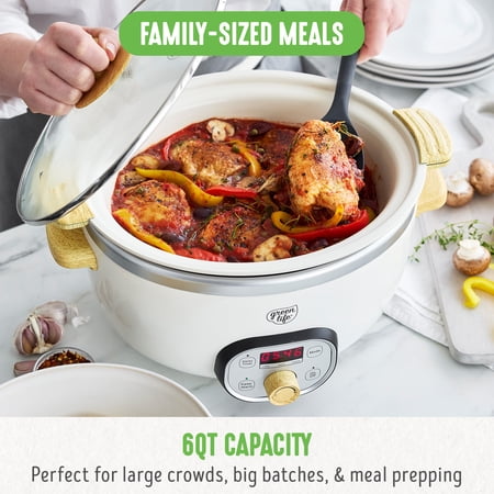 GreenLife 6 Quart Non Stick Family Meal Slow Cooker with Removable Pot, Cream