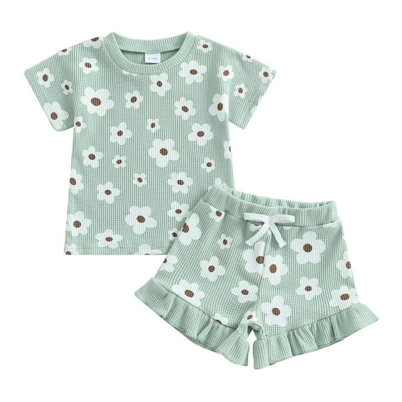 KPOPLK Toddler Baby Girls Summer Outfits Cute Ruffle Ribbed Short Sleeve T Shirts Tops Floral Shorts 2Pcs Sets(Green#2,12-18 Months)