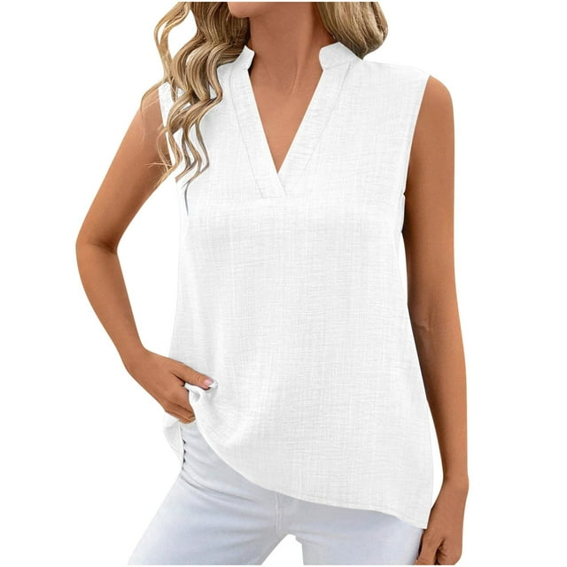 Timegard Camisoles pour Femmes Été Coton Lin Col en V Sans Manches Légères Décontractées Amples Hauts Blouse